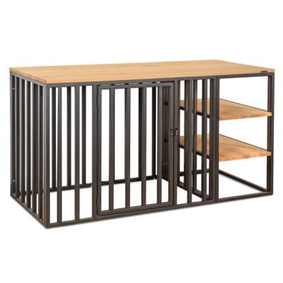 Industrial dog cage furniture SHALTER with oak top and shelves