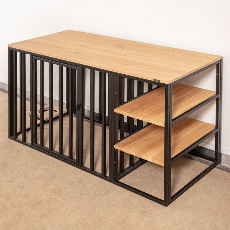 Industrial dog cage furniture SHALTER with oak top and shelves • DogDeco