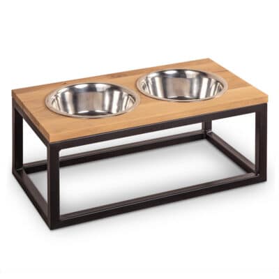 Dog feeder with oak top and steel legs ARCANA