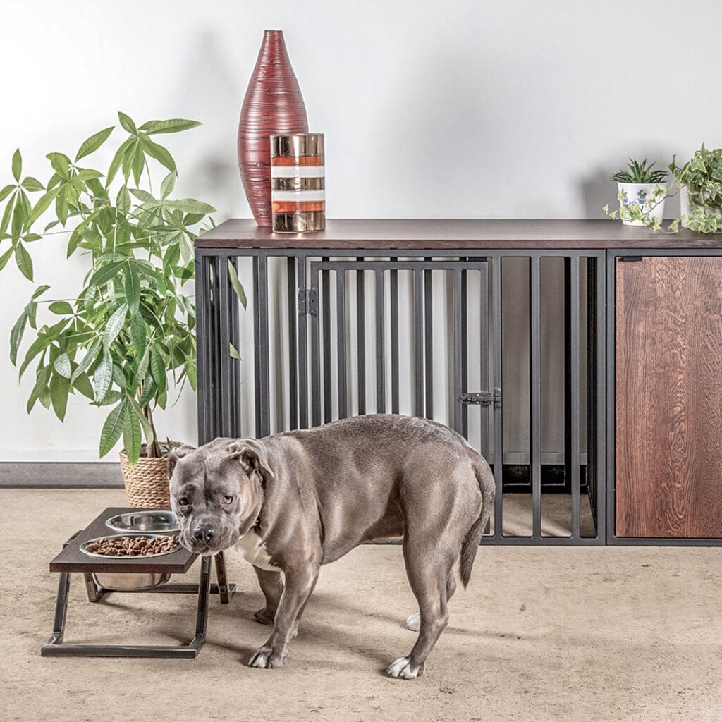 Designerski stojak z miskami dla psa z drewna oraz stali IDA | DogDeco